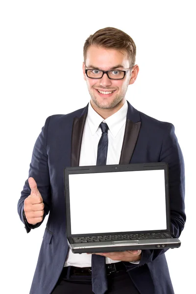 Jovem homem de negócios trazer o laptop, polegar para cima — Fotografia de Stock