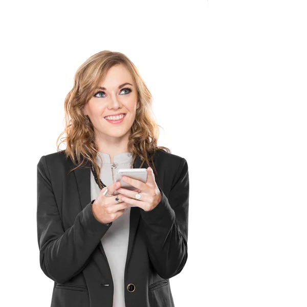 Zakenvrouw gebruiken communicator, schrijven verzenden bericht en glimlachen, — Stockfoto