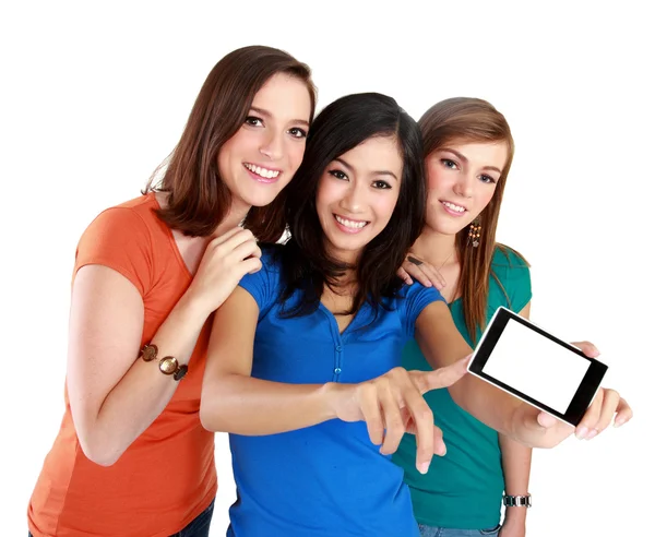 Three happy girls using a handphone — Stock Photo, Image