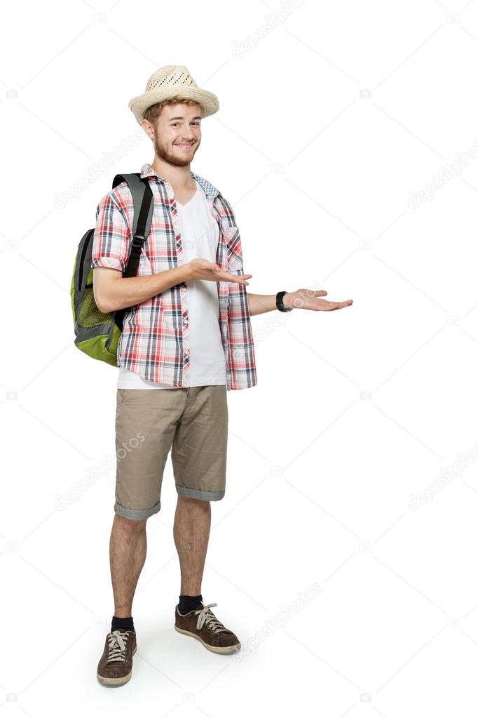 young traveling man presenting