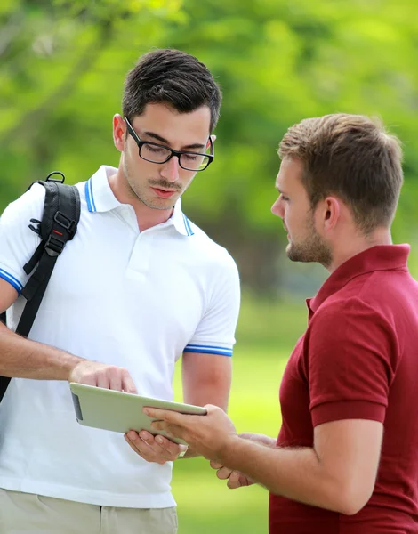 A college student explaining about an assignment to his friend u — Stock Photo, Image