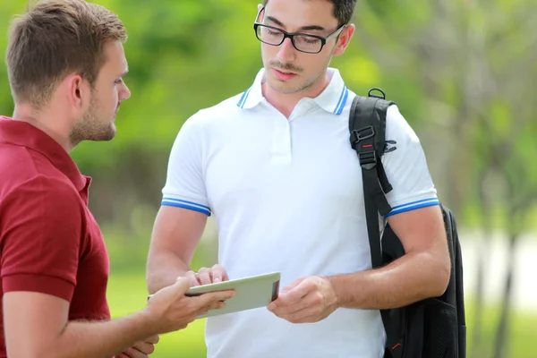 A college student explaining a task to his friend — Stock Photo, Image