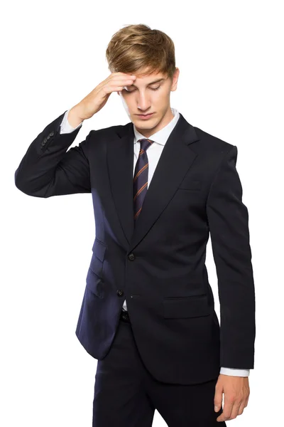 Jovem homem de negócios confuso, sentindo-se estressado, mão na cabeça isola — Fotografia de Stock