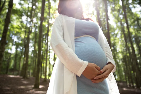 Asian pregnant woman look up in the forest, hands on the belly — Stock Photo, Image