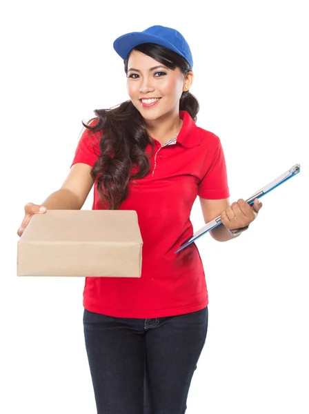 Happy Female delivery service with clipboard — Stock Photo, Image