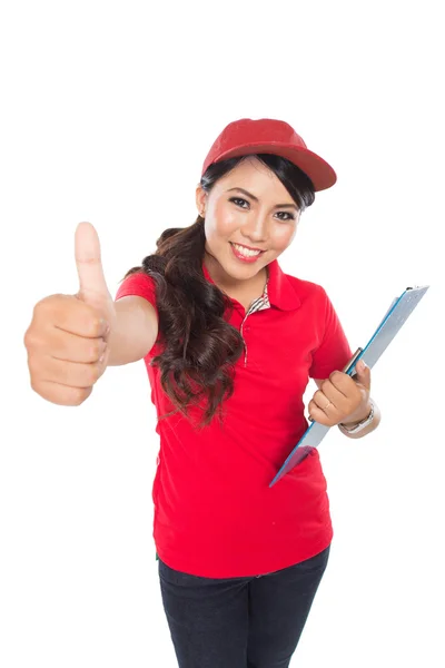 Servicio de entrega Happy Female con portapapeles que muestra el pulgar hacia arriba — Foto de Stock