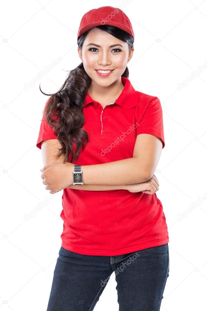 delivery young asian woman isolated in white background