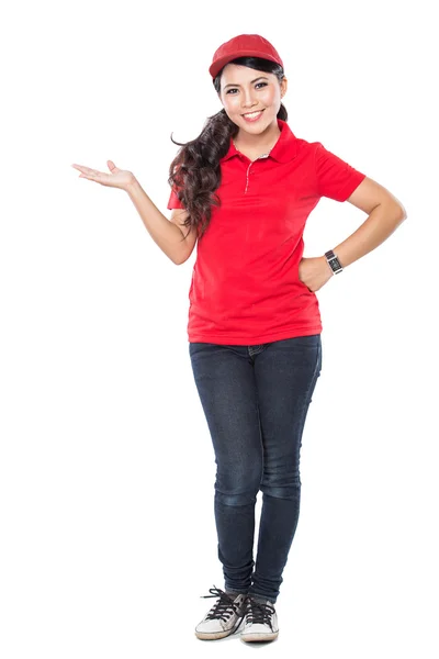 Delivery young asian woman presenting — Stock Photo, Image