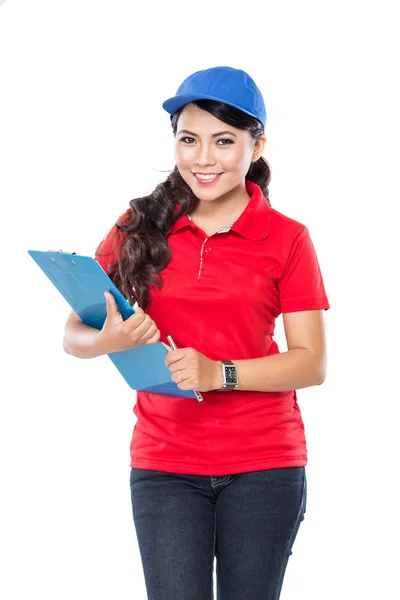 Felice servizio di consegna femminile con appunti — Foto Stock