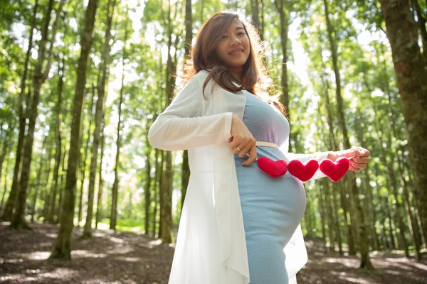 Азиатская беременная женщина в синем платье на заднем плане холла — стоковое фото