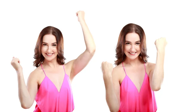 Cheerful woman with two hands up — Stock Photo, Image