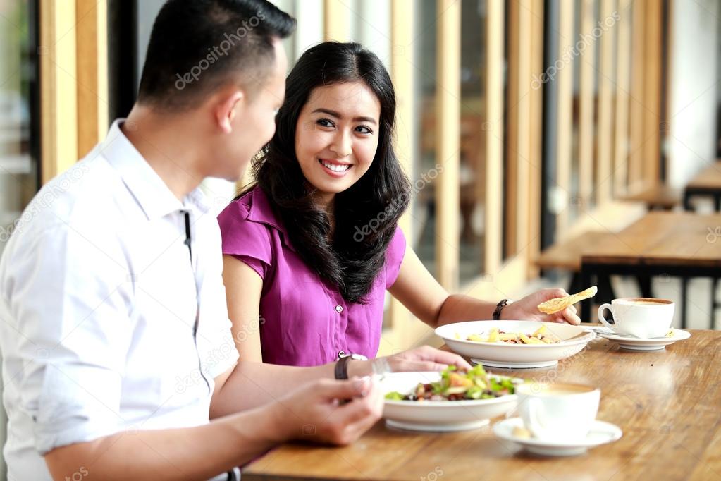 romantic couple dating and having lunch together