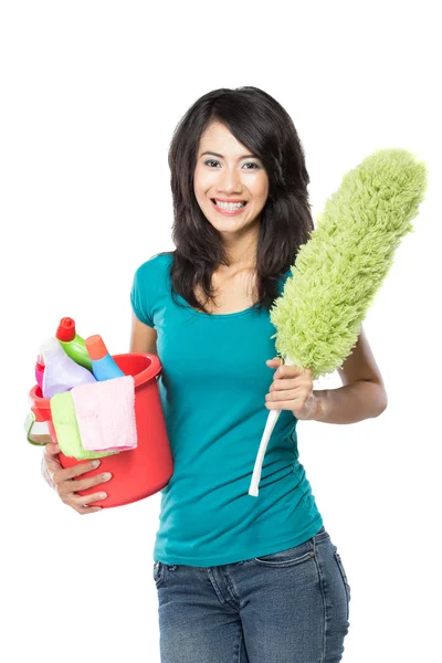 Mujer sosteniendo una cesta llena de productos de limpieza listos para hacer som —  Fotos de Stock