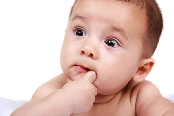 Expresiones lindas de bebé chupando sus pequeños dedos —  Fotos de Stock