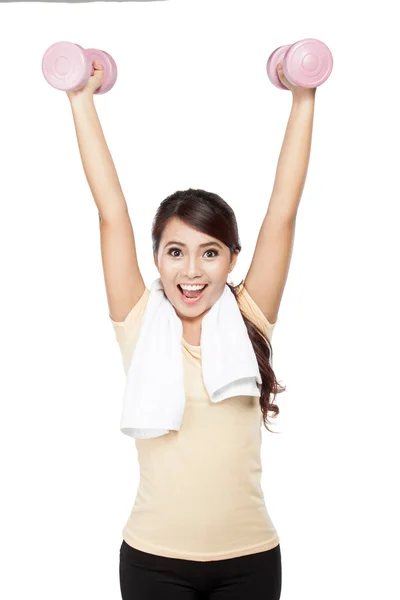 Asian woman exercising, holding barbell, isolated — Stock Photo, Image