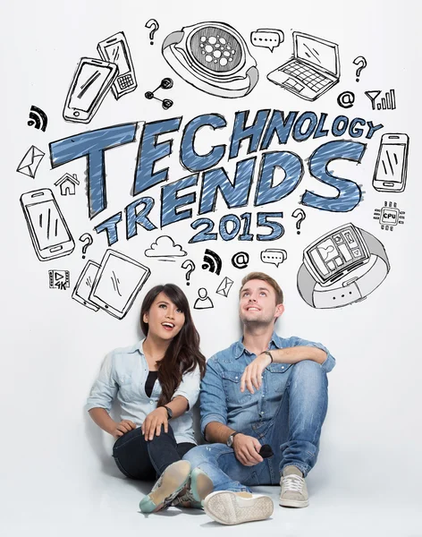 Mixed couple thinking about technology trends, illustrated thing