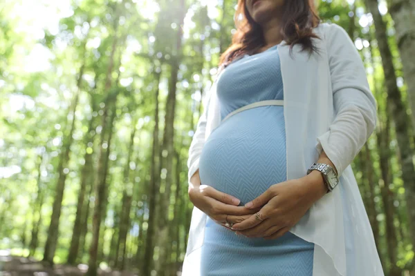 Закройте руки беременной азиатки на животе — стоковое фото