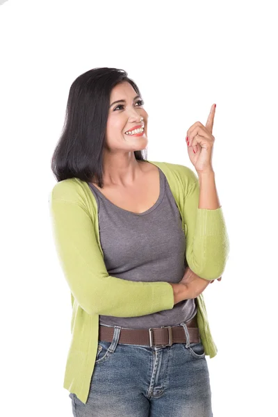 Beautiful middle aged asian woman pointing up to copy space. iso — Stock Photo, Image