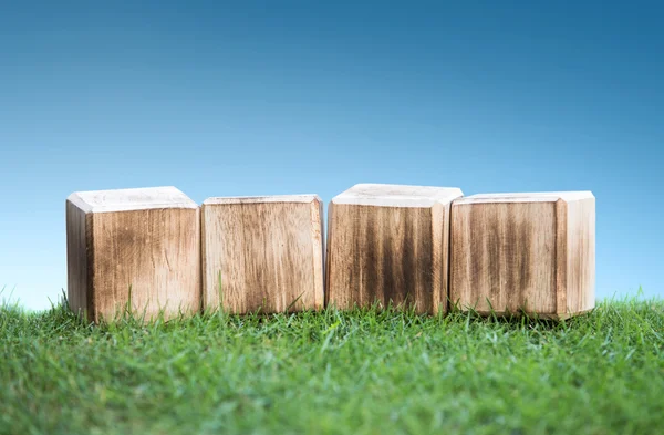 Bloques de madera en una hierba verde — Foto de Stock