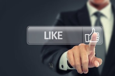 Sanal ekran üzerinde düğme gibi işadamı bas-konuþ