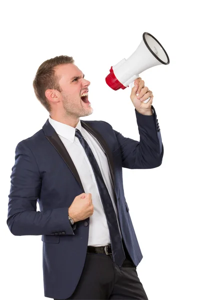 Бізнесмен кричить на мегафоні — стокове фото