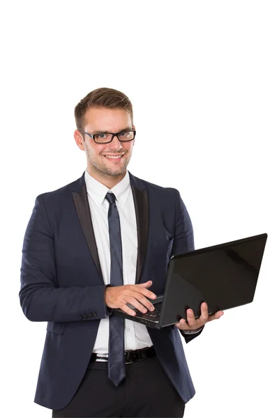 Zakenman lachende bedrijf laptop — Stockfoto