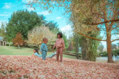 Çocuklar neşeli bir günün tadını çıkarıyorlar. Renkli sonbahar yapraklarıyla oynayıp doğanın tadını çıkarıyorlar.