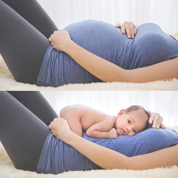 Концепція вагітної жінки до і після народження — стокове фото
