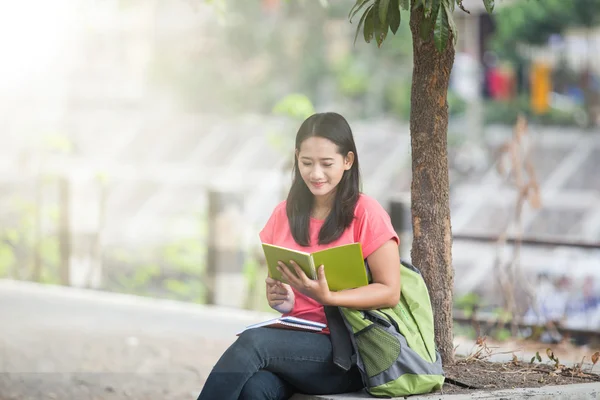 Jonge Aziatische student zitten buiten, lezen van een boek — Stockfoto