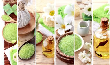 Yeşil spa kavramı kolaj. sabun ve essensials spa nesneleri