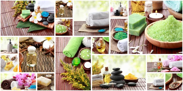 Spa Konzeptcollage. Seife und essentielle Wellness-Objekte — Stockfoto