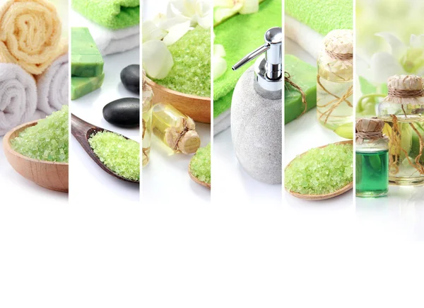 Green spa concept collage. soap and essensials spa objects — Stock Photo, Image