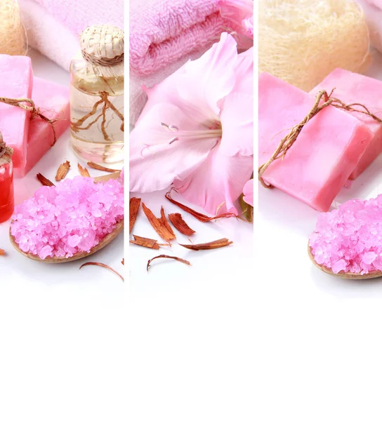 Rosa Spa Konzeptcollage. Seife und essentielle Wellness-Objekte — Stockfoto