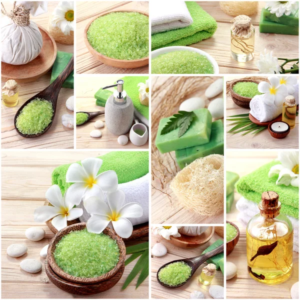 Green spa concept collage. soap and essensials spa objects — Stock Photo, Image