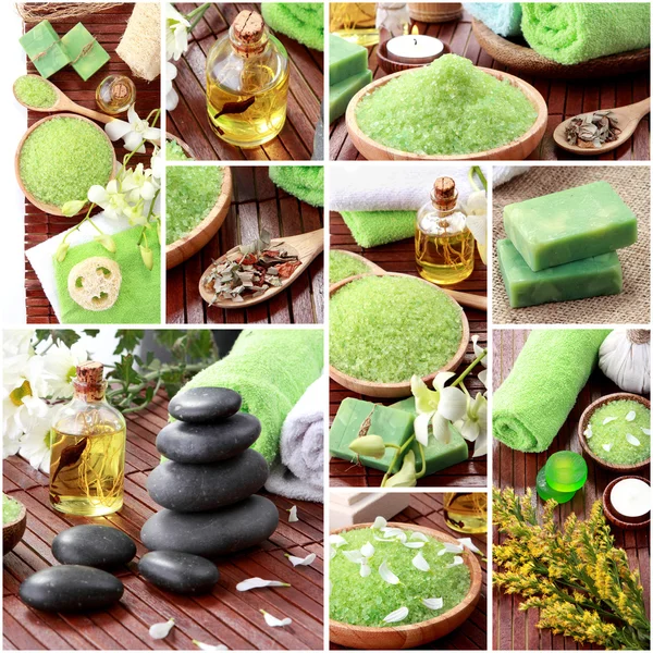 Collage concepto spa verde. jabón y artículos esenciales spa objetos — Foto de Stock