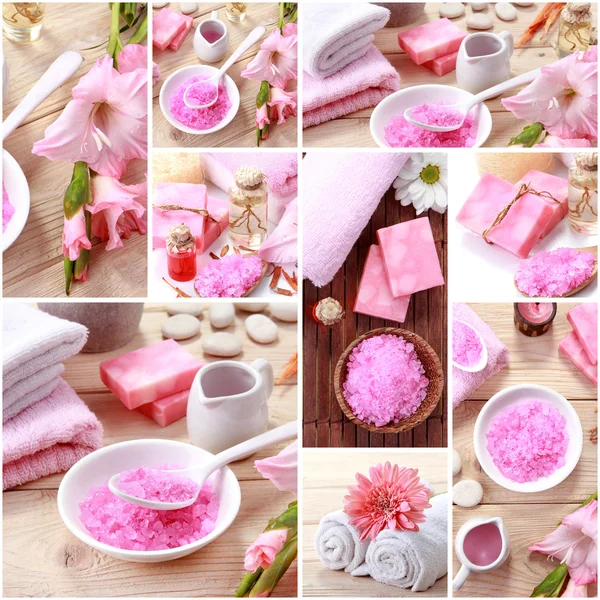Rózsaszín spa koncepció kollázs. szappan és a essensials spa-objektumok — Stock Fotó