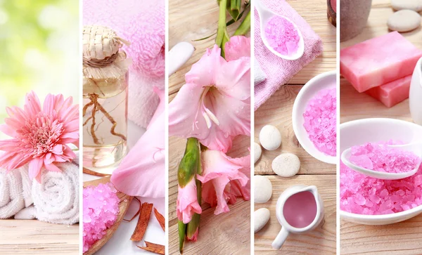 Rosa Spa Konzeptcollage. Seife und essentielle Wellness-Objekte — Stockfoto