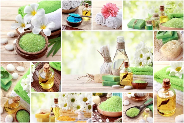 Collage concepto spa verde. jabón y artículos esenciales spa objetos — Foto de Stock