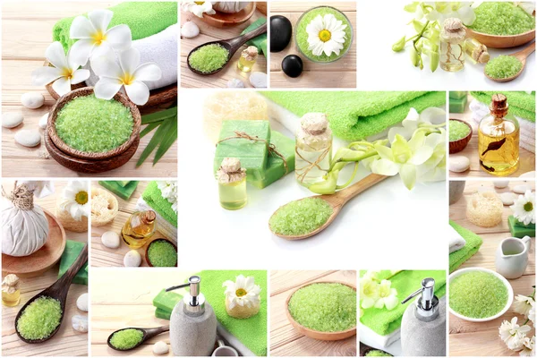 Green spa concept collage. soap and essensials spa objects Stock Image