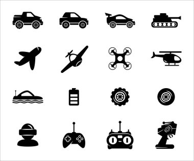 Basit uzaktan kumandalı vektör ikon grafik tasarım şablonu. Uzaktan kumanda, araba, drone, oyun, at arabası, helikopter, tank, uçak, uçak, denizaltı ve kocaayak gibi simgeler içerir