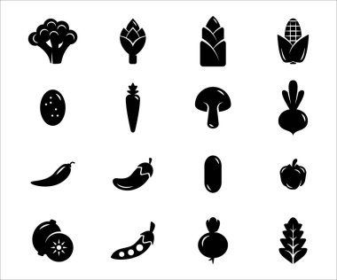Sebze İlgili Vektör grafik tasarım şablonunun basit bir kümesi. Brokoli, patlıcan, salatalık, kuşkonmaz, pancar, havuç, bambu filizi, mantar, mısır, patates, biber gibi ikonlar içerir.