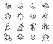 Simple Set of astronomy outer space Related Vector icon lineal style graphic design. Contains such Icons as solar system, planet, earth, sun, satellite, rocket, telescope, alien, astronaut, and more