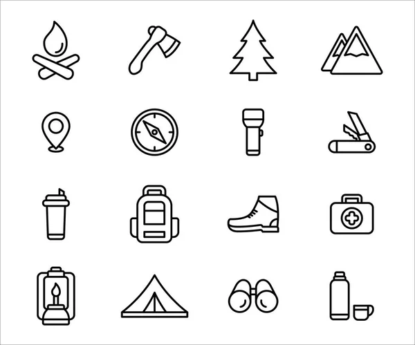 Simple Conjunto Equipo Camping Senderismo Relacionado Diseño Iconos Vectoriales Contiene — Archivo Imágenes Vectoriales