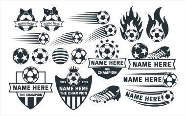 Etiket, dekorasyon, kesim ve yazdırma için çeşitli futbol futbolu temalı grafik tasarım şablonu