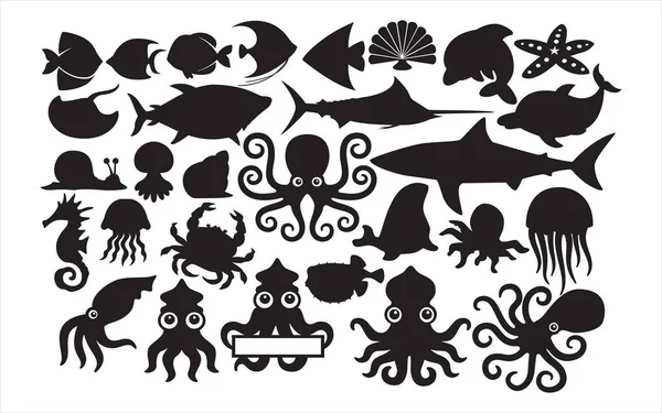 Carino Polpo Calamari Oceano Mare Animale Vettore Grafica Modello Set — Vettoriale Stock