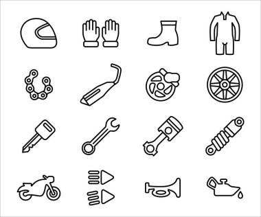 Basit motosiklet atölyesi İlgili Vektör simgesi kullanıcı arayüzü grafik tasarımı seti. Kask, eldiven, ayakkabı, yarış kıyafeti, zincir, egzoz, piston, süspansiyon, şok kesici, fren gibi simgeler içerir