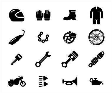 Basit motosiklet atölyesi İlgili Vektör simgesi kullanıcı arayüzü grafik tasarımı seti. Kask, eldiven, ayakkabı, yarış kıyafeti, zincir, egzoz, piston, süspansiyon, şok kesici, fren gibi simgeler içerir