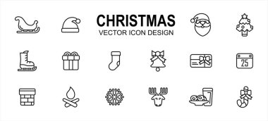 Basit bir Noel mağazası seti Lineal style Vector simgesi kullanıcı arayüzü grafik tasarımı. İçinde kızak, Noel Baba şapkası, Noel Baba maddesi, kayak ayakkabısı, hediye kutusu, çorap, baca, geyik, kar tanesi gibi simgeler var.