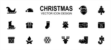 Basit bir Noel mağazası Stili Vektör simgesi kullanıcı arayüzü grafik tasarımı. İçinde kızak, Noel Baba şapkası, Noel Baba maddesi, kayak ayakkabısı, hediye kutusu, çorap, baca, geyik, kar tanesi gibi simgeler var.