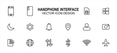 Basit telefon aygıtı kullanıcı arayüzü seti ilişkili doğrusal biçim vektör simgesi kullanıcı arayüzü grafik tasarımı. Kart, pencere, menü, gece kipi, ayar, bildirim, yer gibi simgeleri içerir